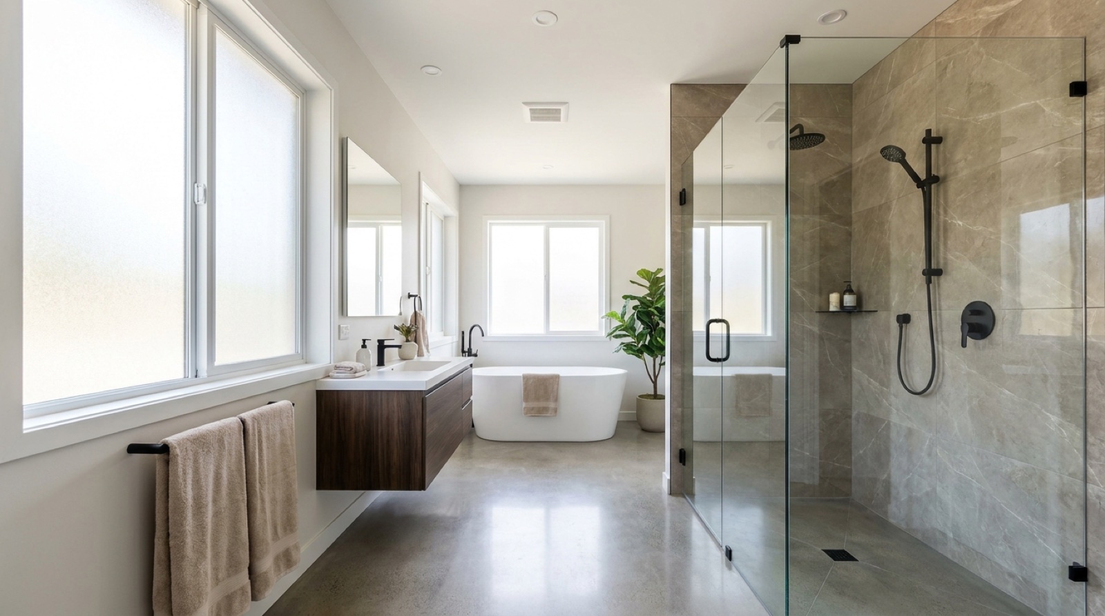 Finished custom frameless glass shower enclosure with brushed hardware